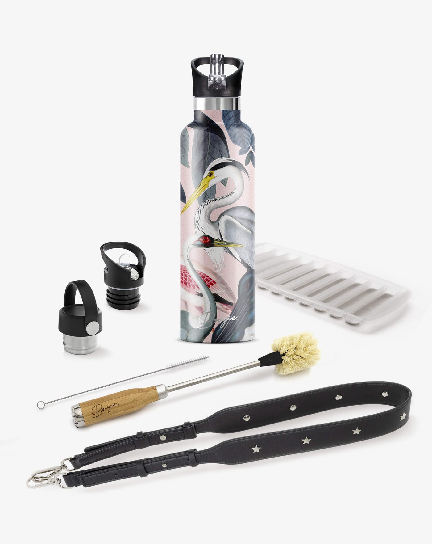 collection gift box with beautiful crane, heron birds water bottle, 2 lids, bottle brush cleaner, black strap bottler carrier and ice stick tray