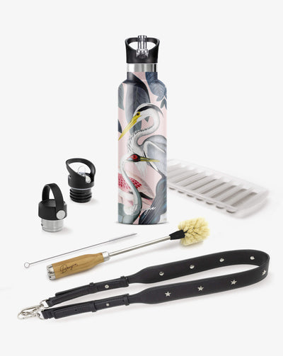 collection gift box with beautiful crane, heron birds water bottle, 2 lids, bottle brush cleaner, black strap bottler carrier and ice stick tray