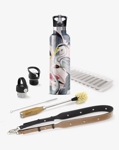 collection gift box with beautiful crane, heron birds water bottle, 2 lids, bottle brush cleaner, tan strap bottler carrier and ice stick tray
