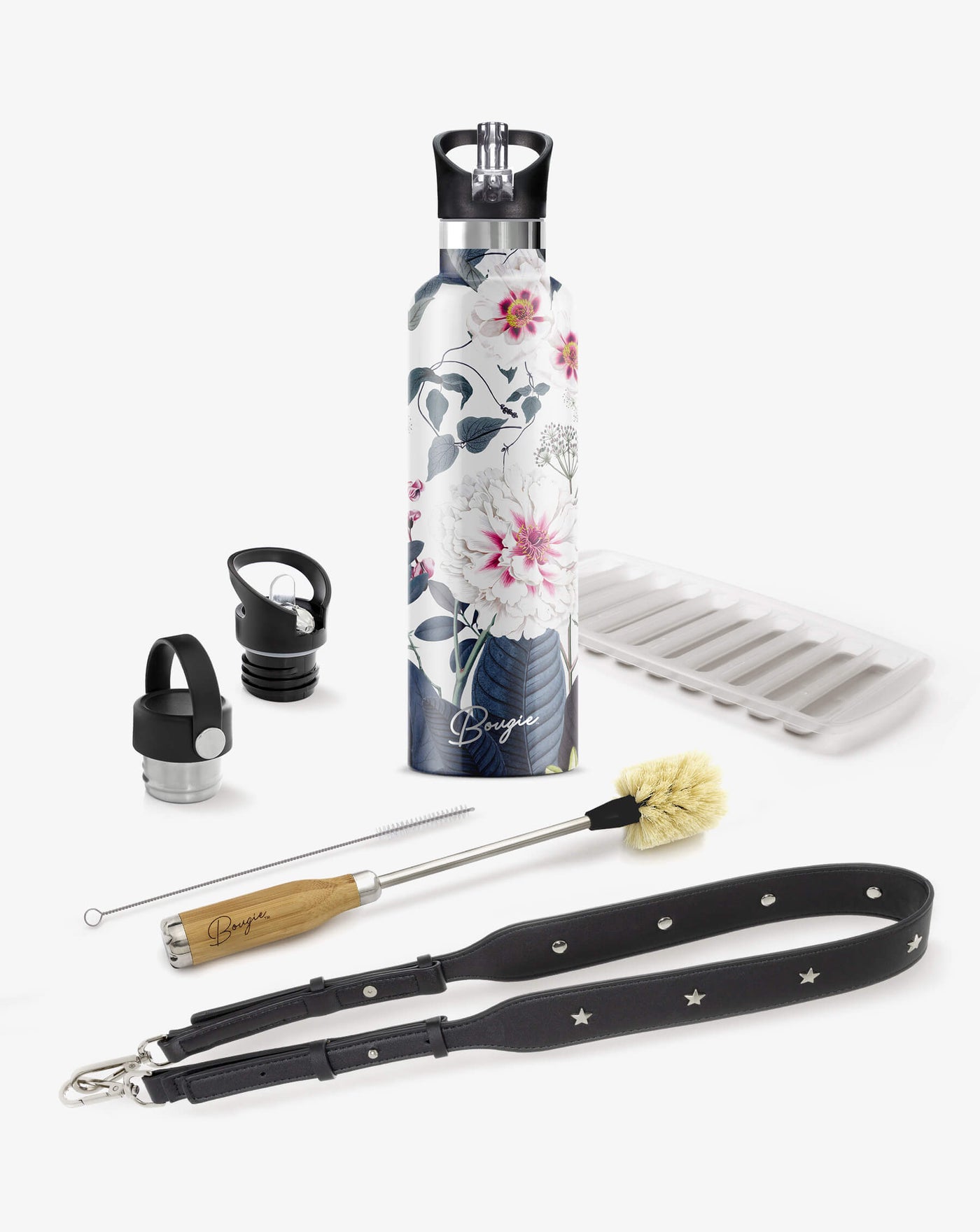 collection gift box with white and pink peony flowers and sage leaf design water bottle, 2 lids, bottle brush cleaner, black strap bottler carrier and ice stick tray