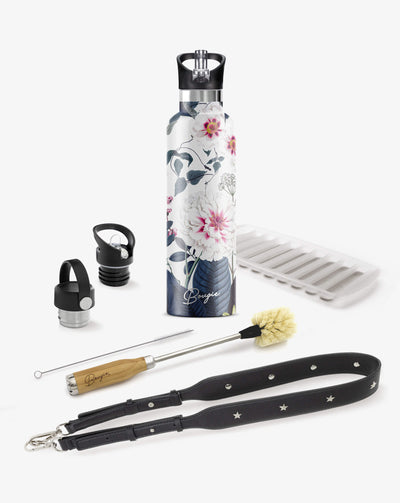 collection gift box with white and pink peony flowers and sage leaf design water bottle, 2 lids, bottle brush cleaner, black strap bottler carrier and ice stick tray