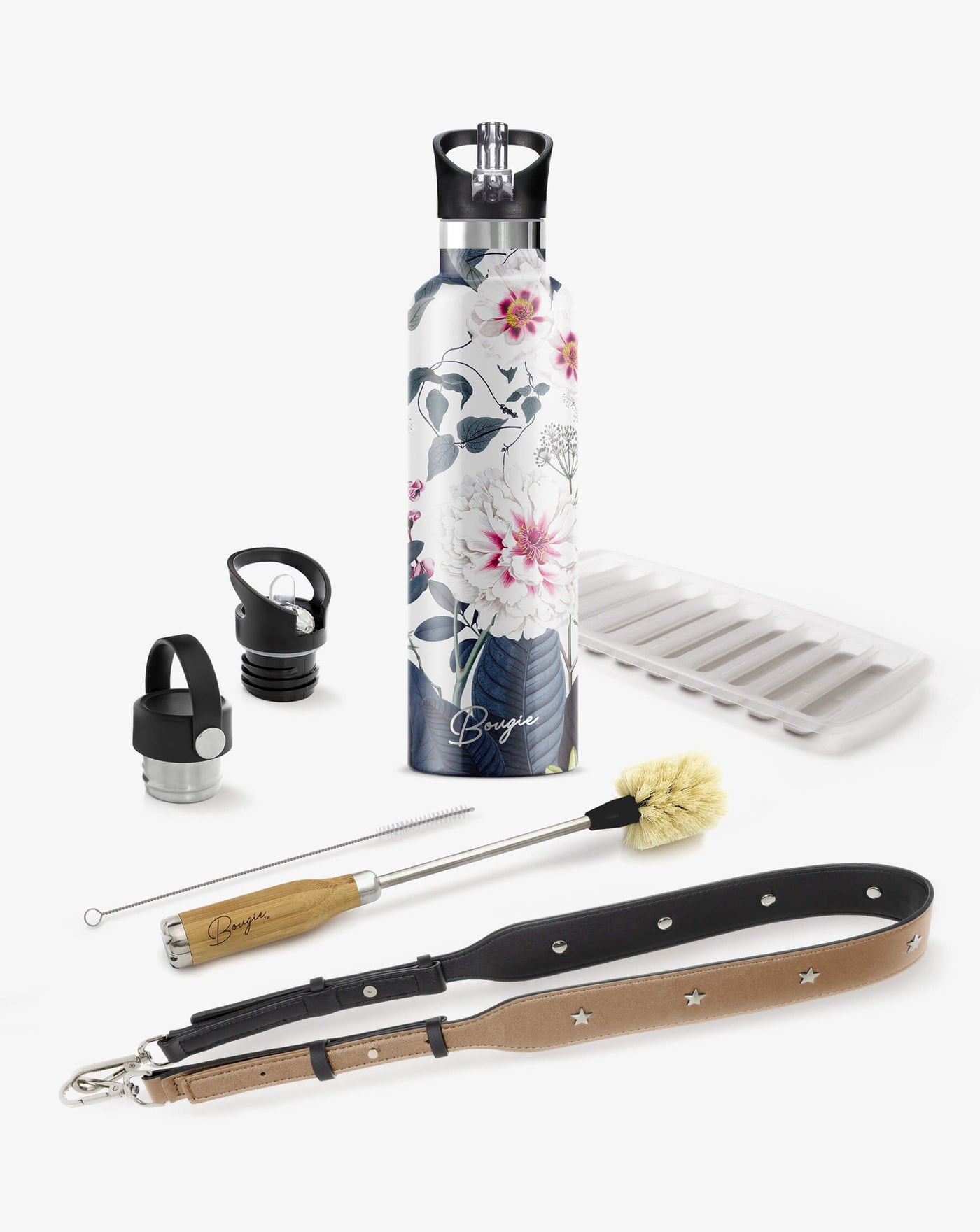 collection gift box with white and pink peony flowers and sage leaf design water bottle, 2 lids, bottle brush cleaner, tan strap bottler carrier and ice stick tray