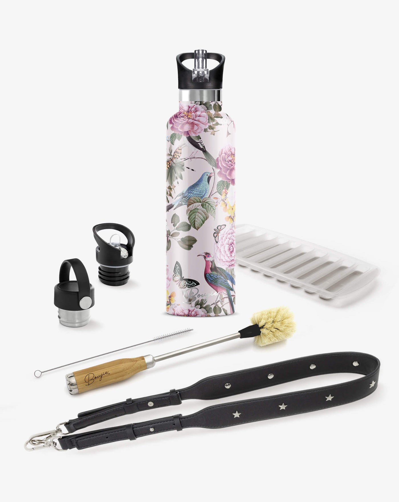 collection gift box with  pink and blue birds, butterflies and rose design water bottle, 2 lids, bottle brush cleaner, black strap bottler carrier and ice stick tray