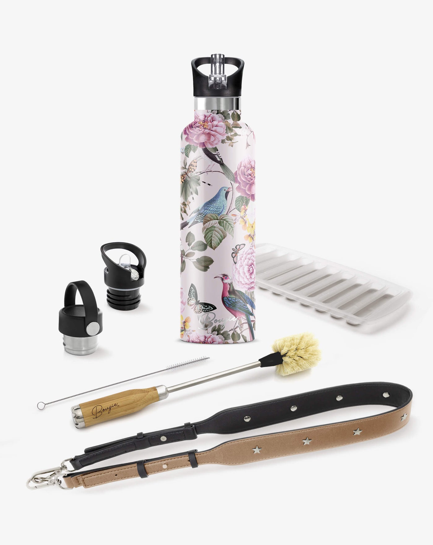 collection gift box with  pink and blue birds, butterflies and rose design water bottle, 2 lids, bottle brush cleaner, tan strap bottler carrier and ice stick tray