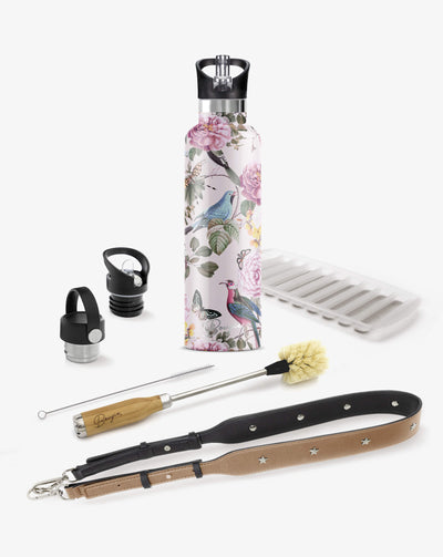 collection gift box with  pink and blue birds, butterflies and rose design water bottle, 2 lids, bottle brush cleaner, tan strap bottler carrier and ice stick tray